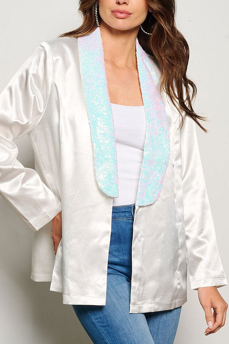 Long sleeve open front sequins collar blazer (RVWT6605)