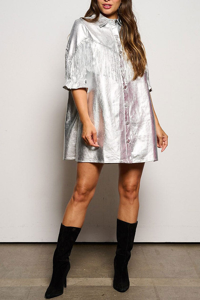 Button up fringe metallic shimmer mini dress (RVWT6606)