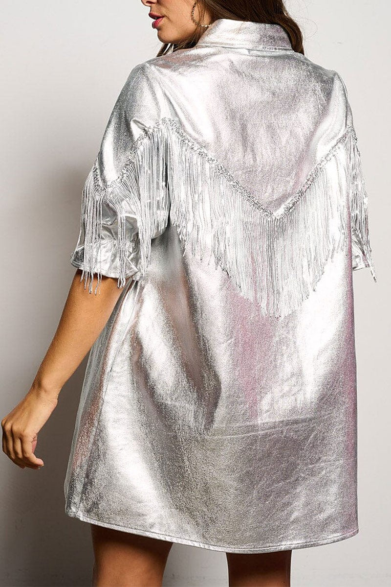 Button up fringe metallic shimmer mini dress (RVWT6606)