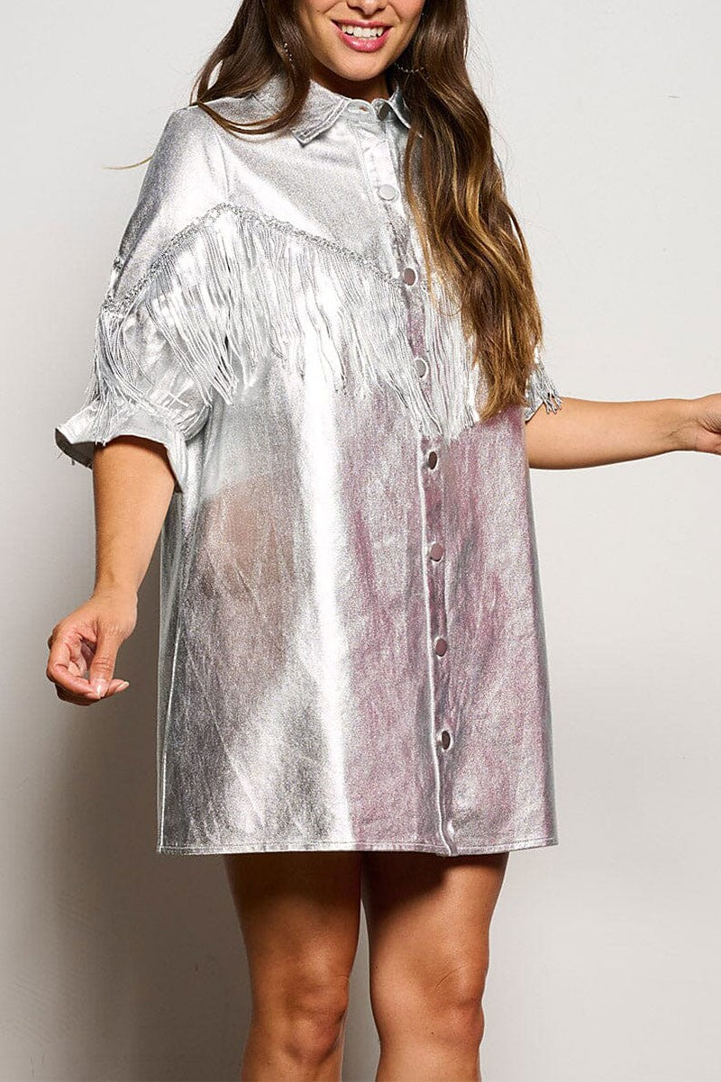 Button up fringe metallic shimmer mini dress (RVWT6606)