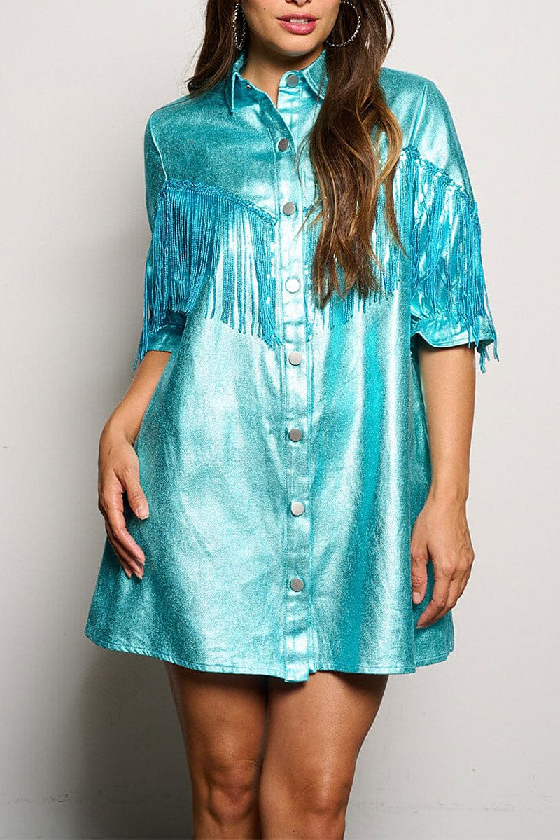 Button up fringe metallic shimmer mini dress (RVWT6606)