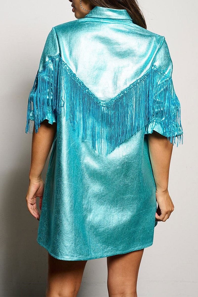 Button up fringe metallic shimmer mini dress (RVWT6606)