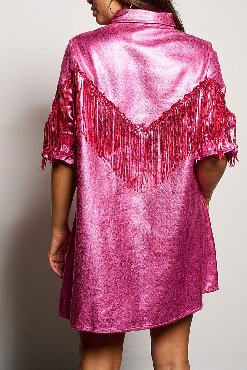 Button up fringe metallic shimmer mini dress (RVWT6606)