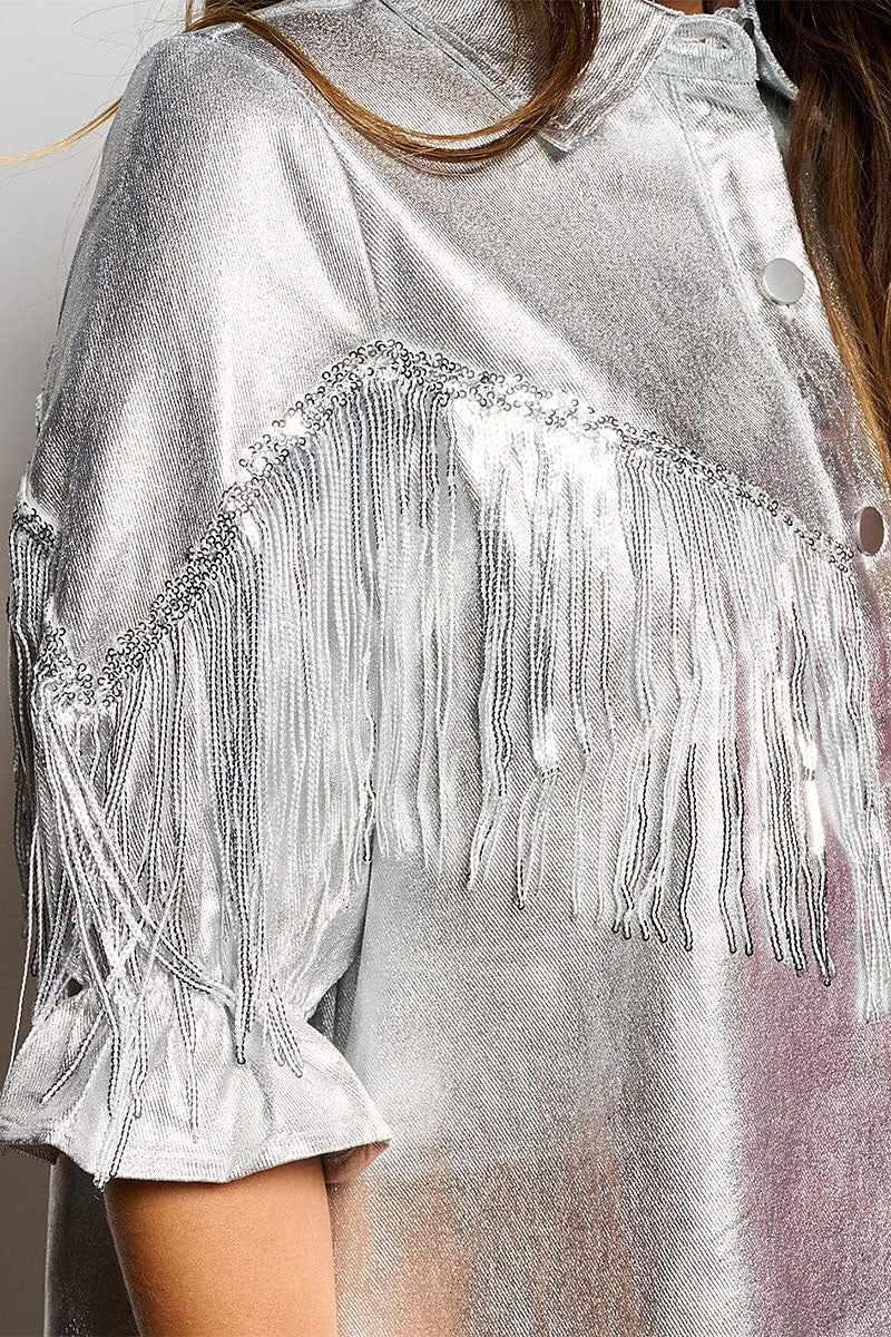 Button up fringe metallic shimmer mini dress (RVWT6606)