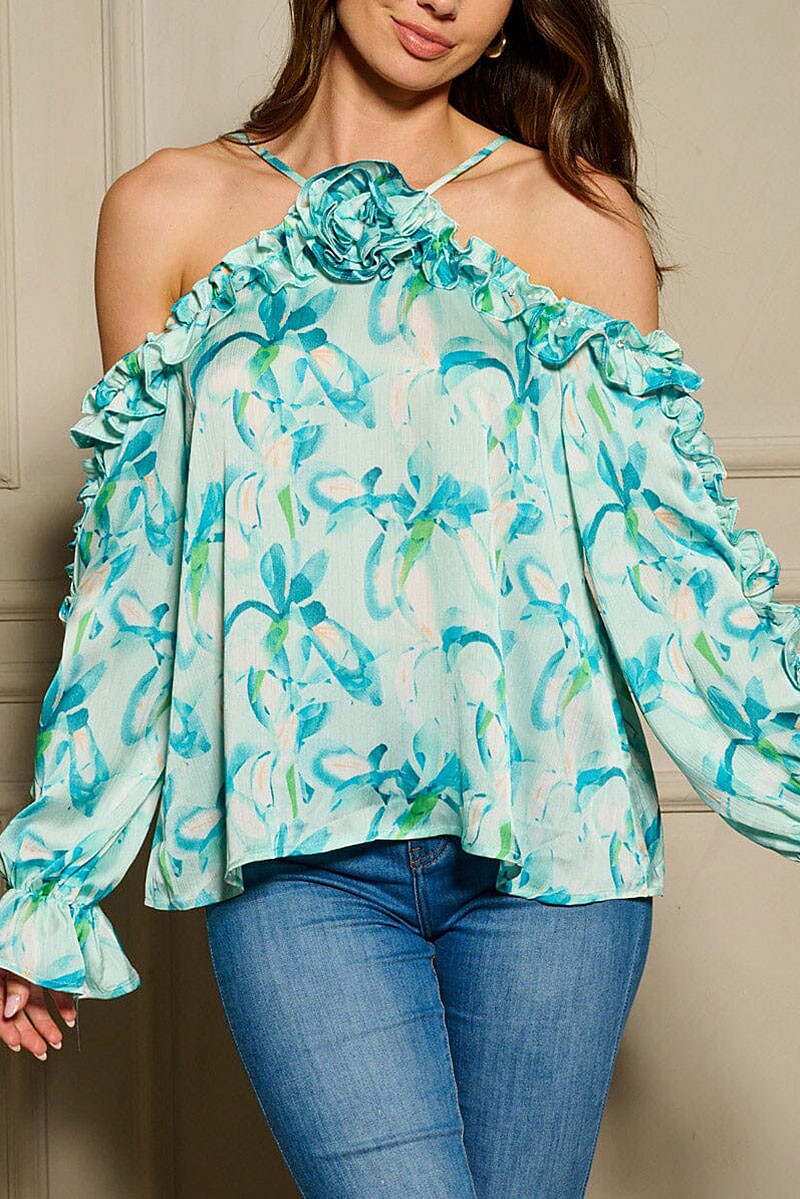 Long sleeve off shoulder ruffle floral blouse top (RVWT6613)