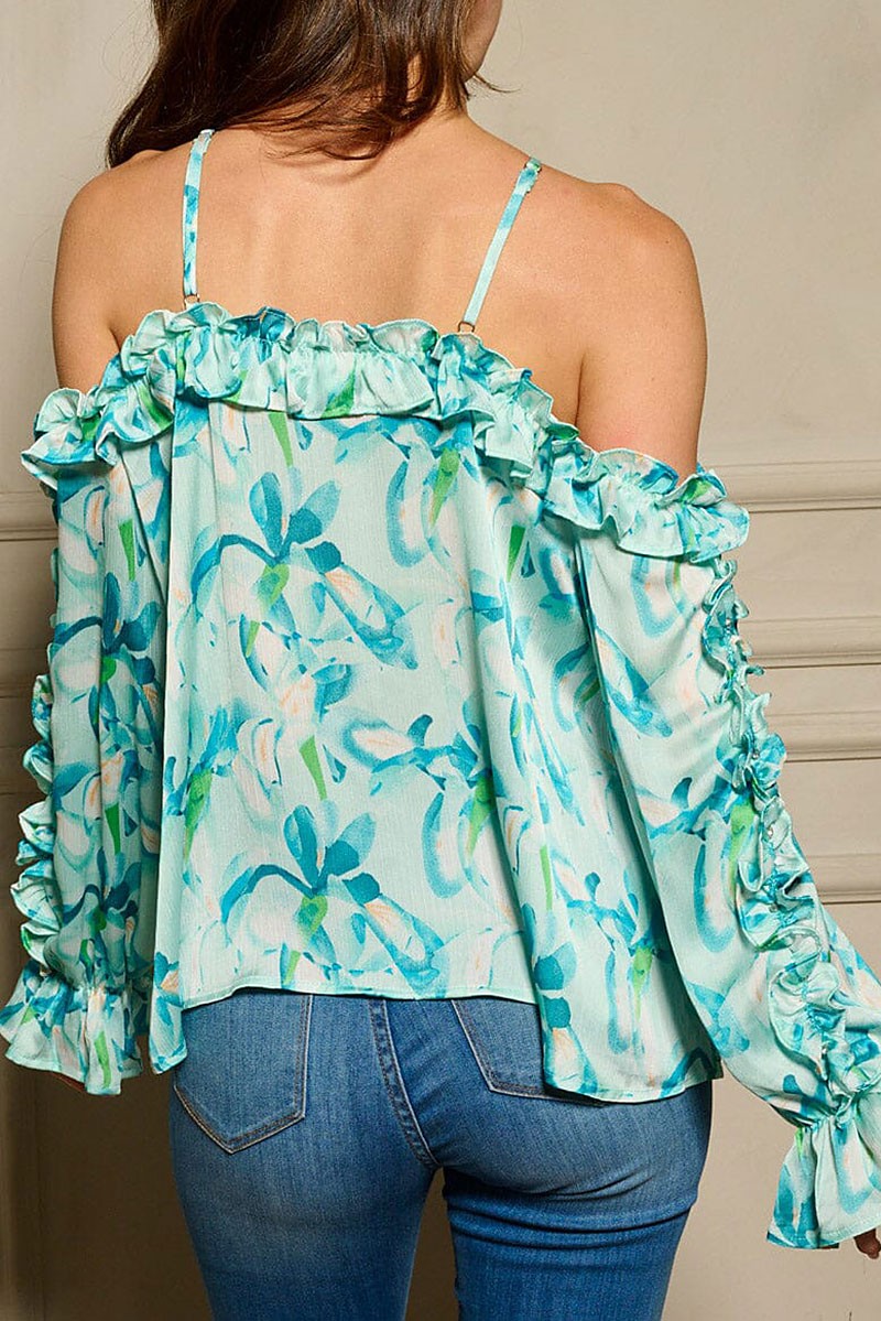 Long sleeve off shoulder ruffle floral blouse top (RVWT6613)