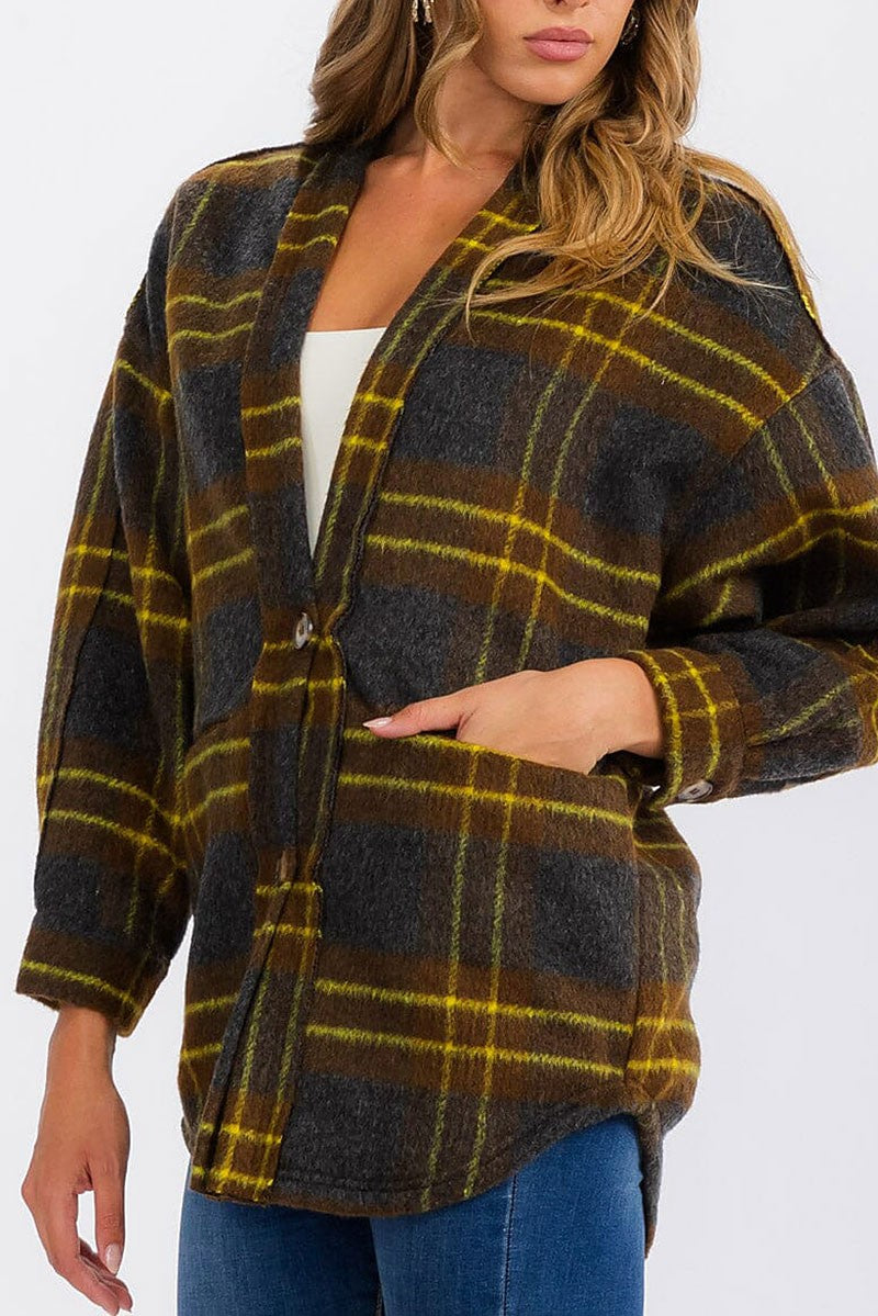 Button closure front pockets plaid jacket (EGWT6644)