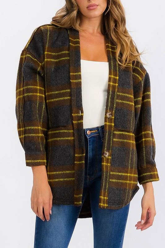 Button closure front pockets plaid jacket (EGWT6644)