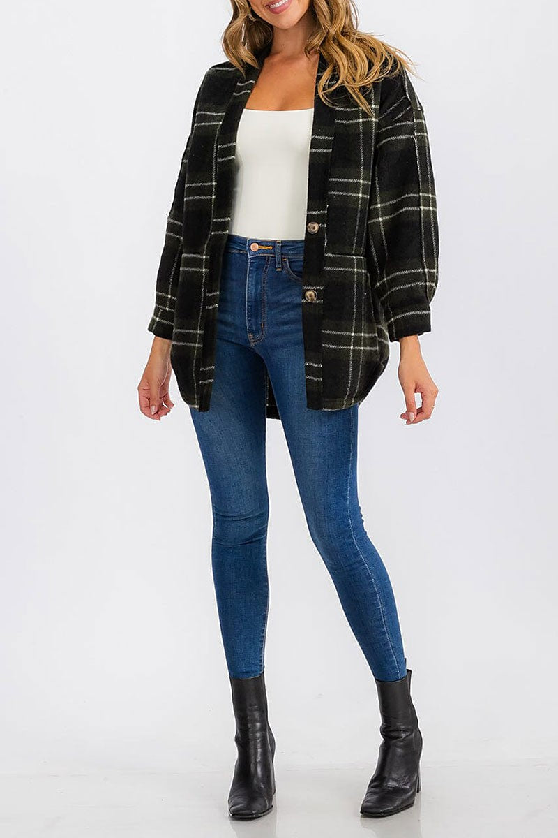 Button closure front pockets plaid jacket (EGWT6644)