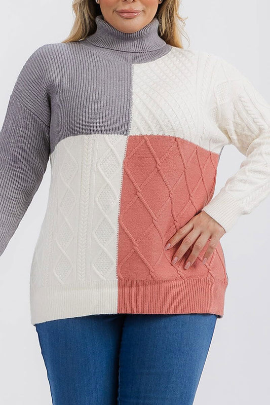 Turtle neck detailed colorblock pullover sweater (RVWT6652)