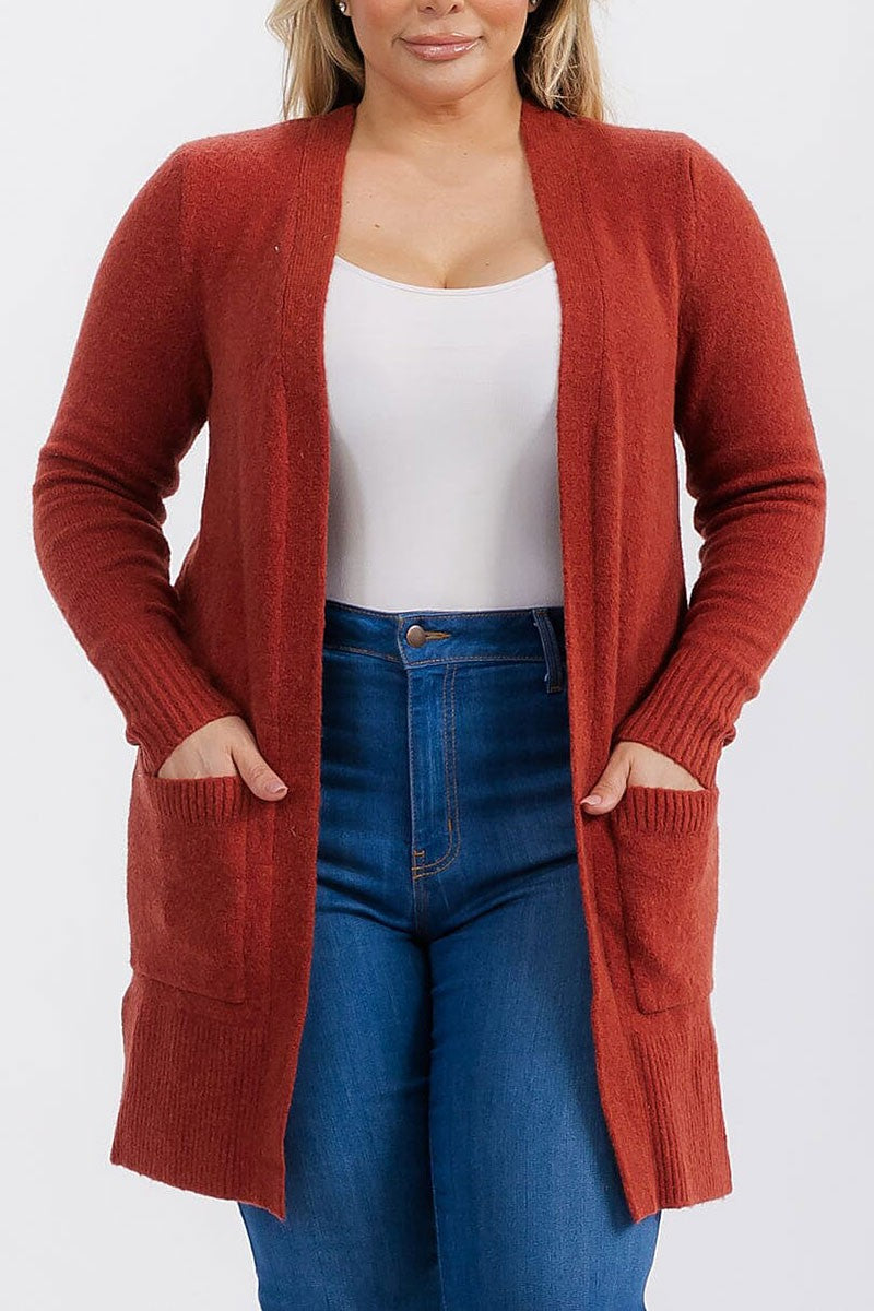 Long sleeve open front pockets cardigan (RVWT6658)