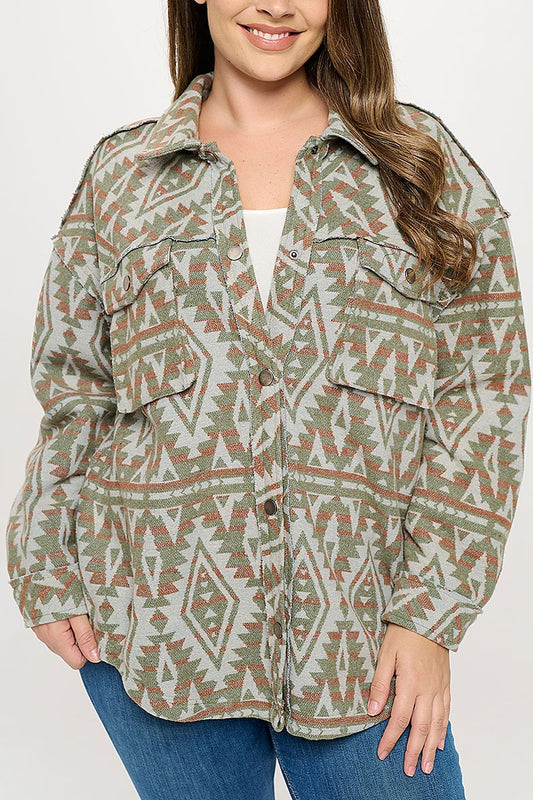 Multi plus size aztec print button down jacket (XDG8289)