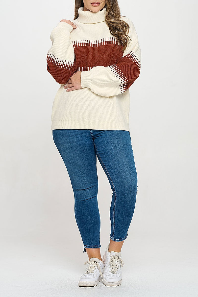 Plus size turtle neck contrast ribbed sweater (RSX8290)