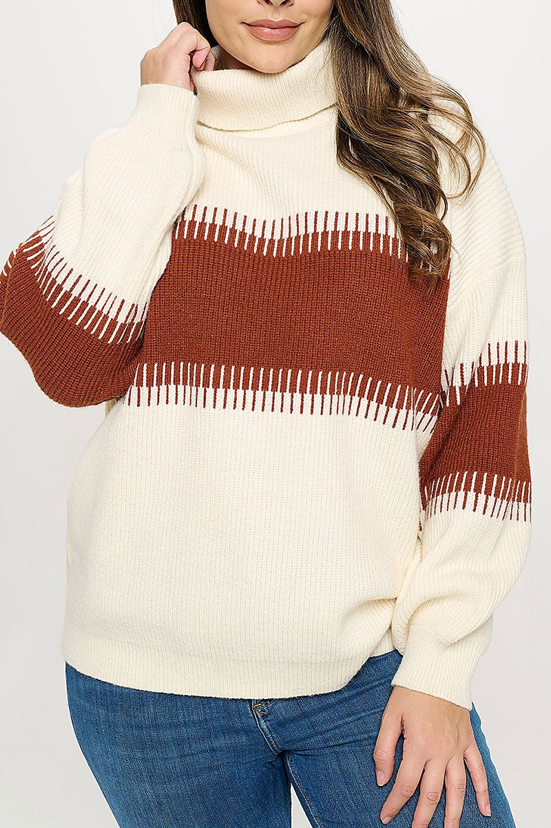 Plus size turtle neck contrast ribbed sweater (RSX8290)