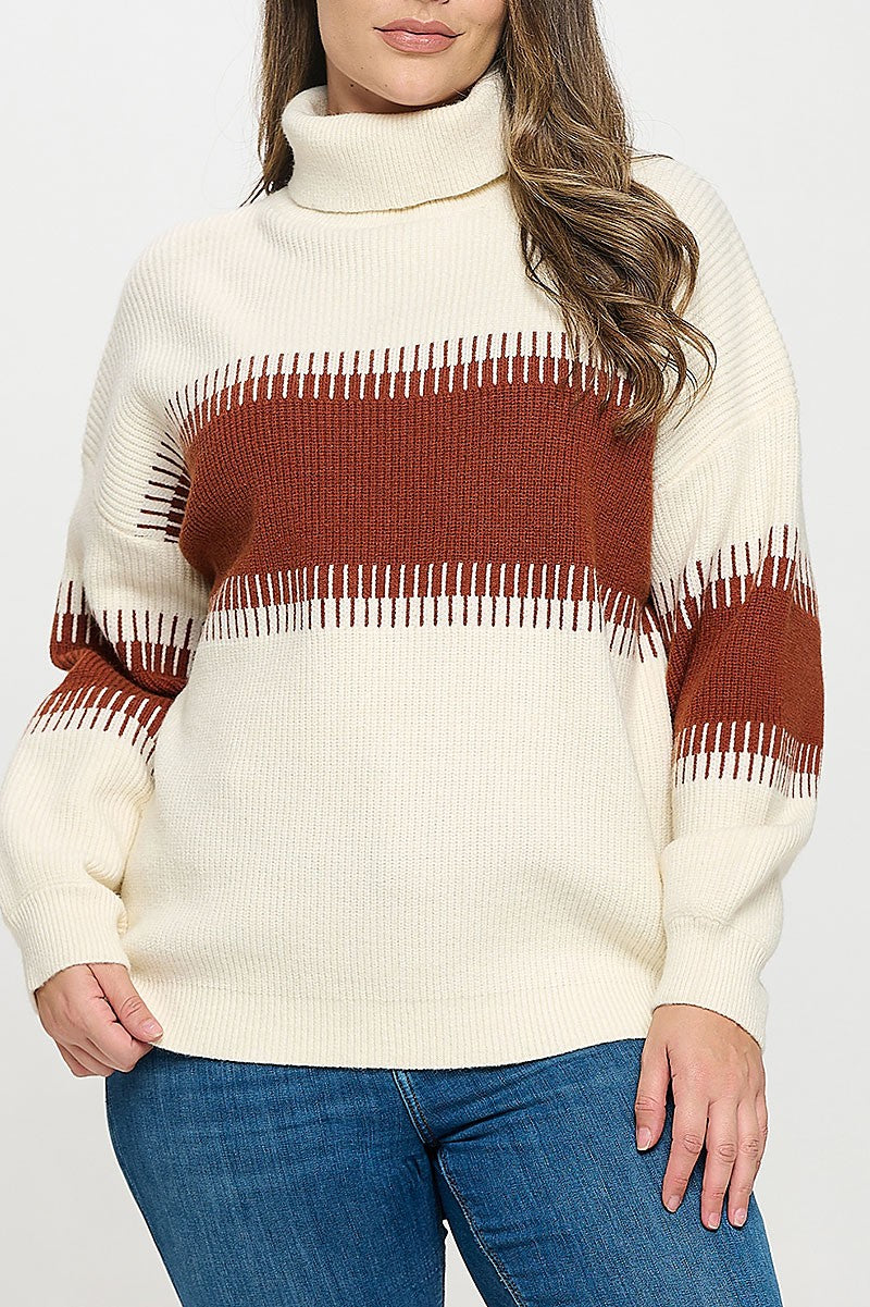 Plus size turtle neck contrast ribbed sweater (RSX8290)