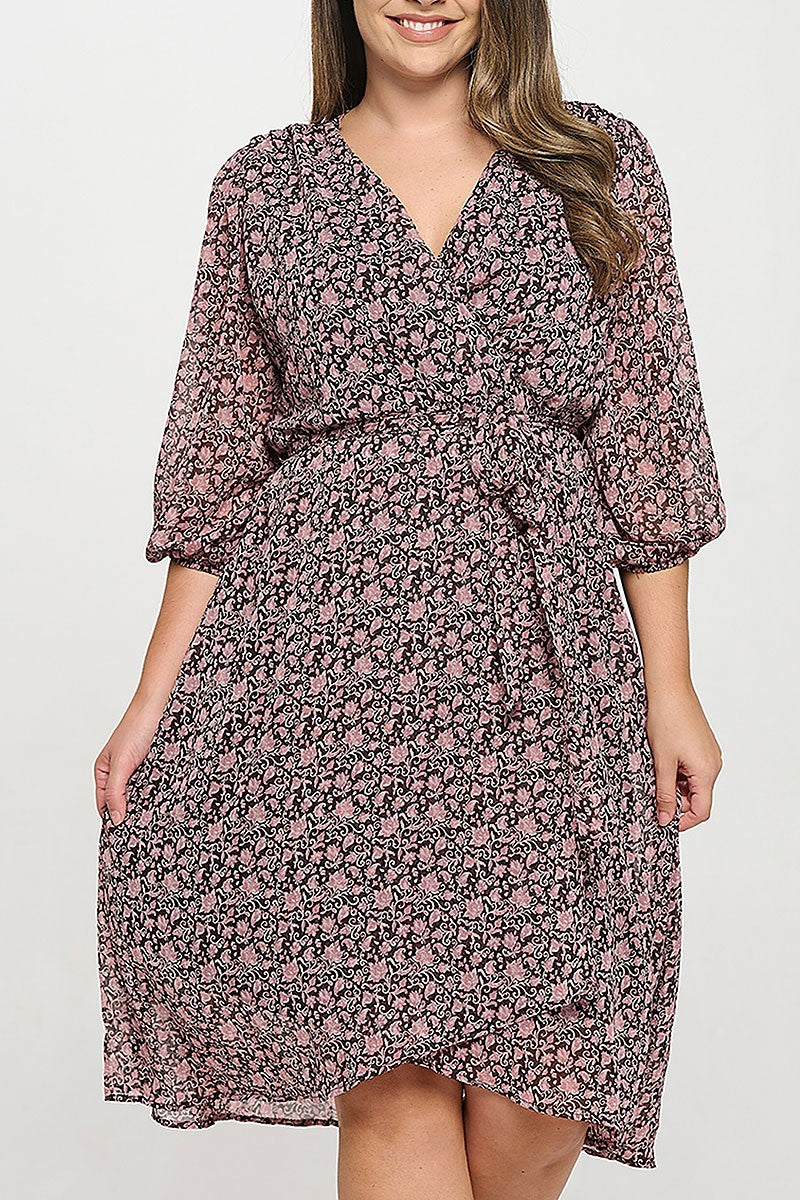 Half puff sleeve wrap waist tie printed dress (RSX8292)