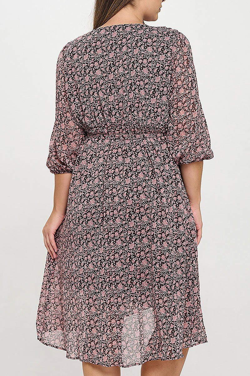 Half puff sleeve wrap waist tie printed dress (RSX8292)