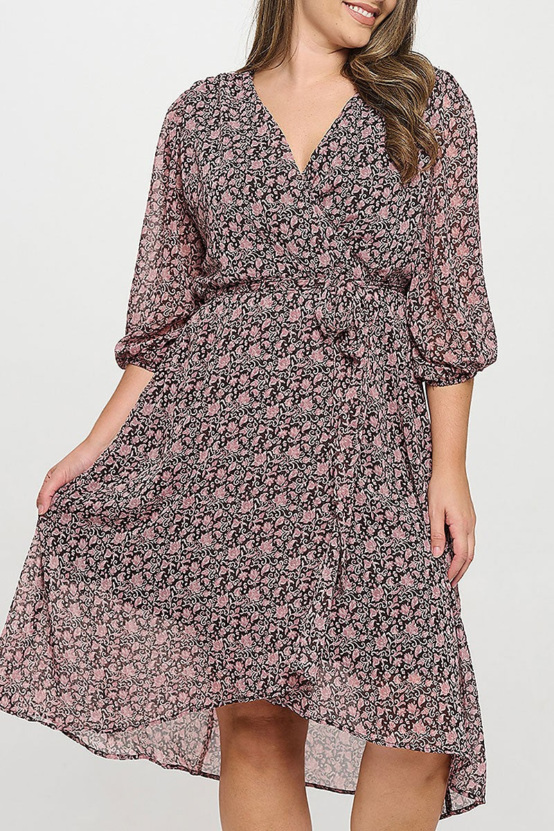 Half puff sleeve wrap waist tie printed dress (RSX8292)