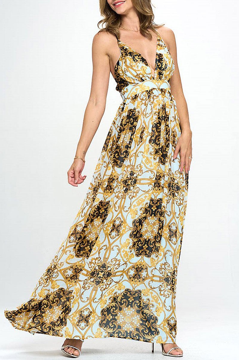 Sleeveless v-neck open back multi print maxi dress (RVWT6730)