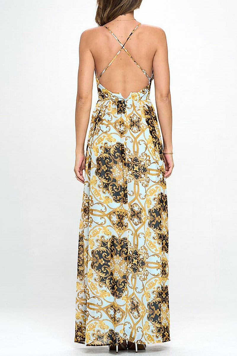 Sleeveless v-neck open back multi print maxi dress (RVWT6730)