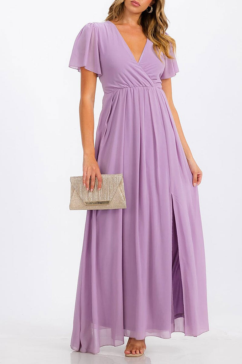 Short sleeve surplice self tie maxi dress (RVWT6734)