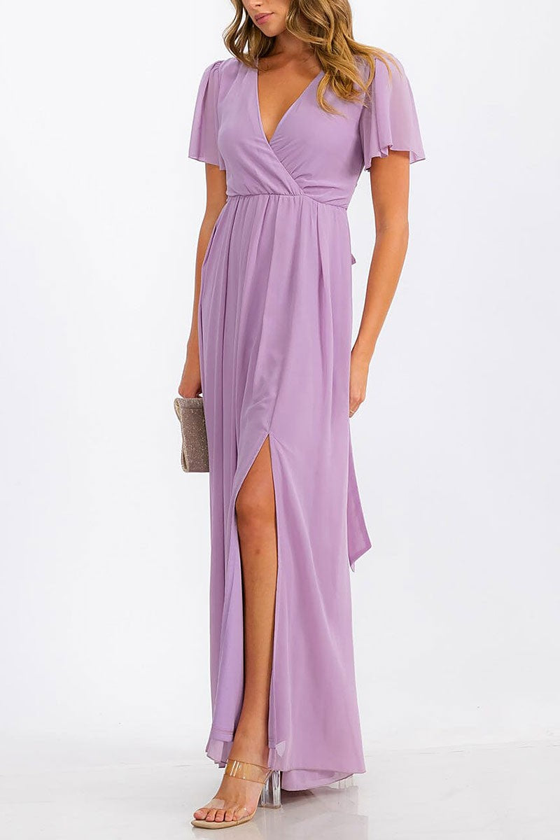 Short sleeve surplice self tie maxi dress (RVWT6734)