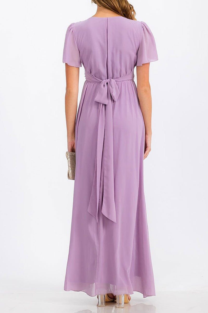 Short sleeve surplice self tie maxi dress (RVWT6734)