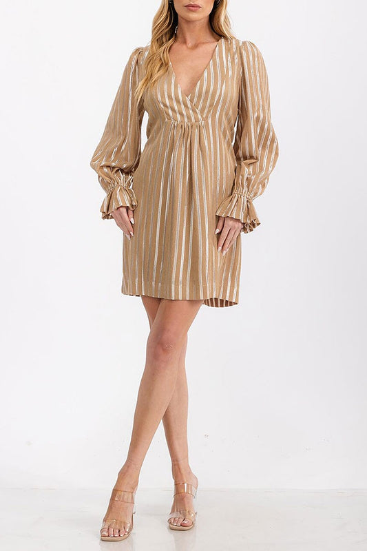 Long sleeve surplice shimmer tunic mini dress (RVWT6738)