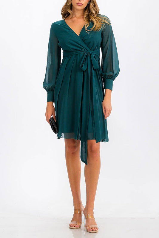 Long sleeve surplice self tie mini dress (RVWT6739)