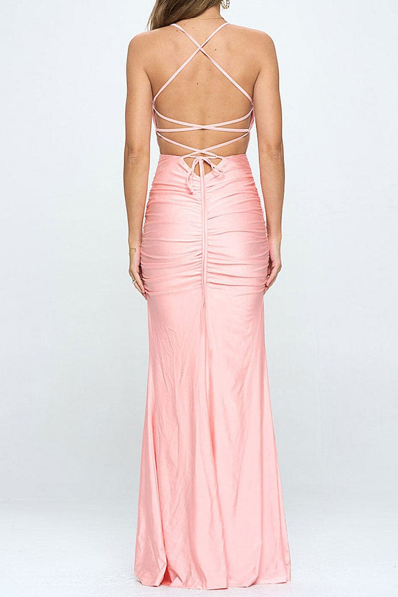 Sleeveless open back bodycon ruched maxi dress (RVWT6746)