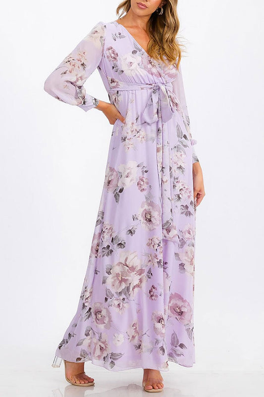 Long sleeve surplice self tie floral maxi dress (RVWT6748)