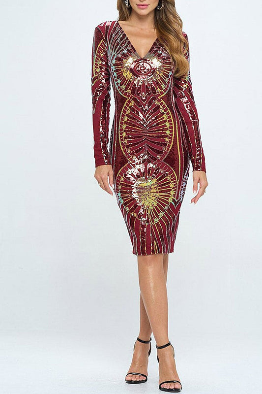 Long sleeve v-neck bodycon sequins midi dress (RVWT6750)