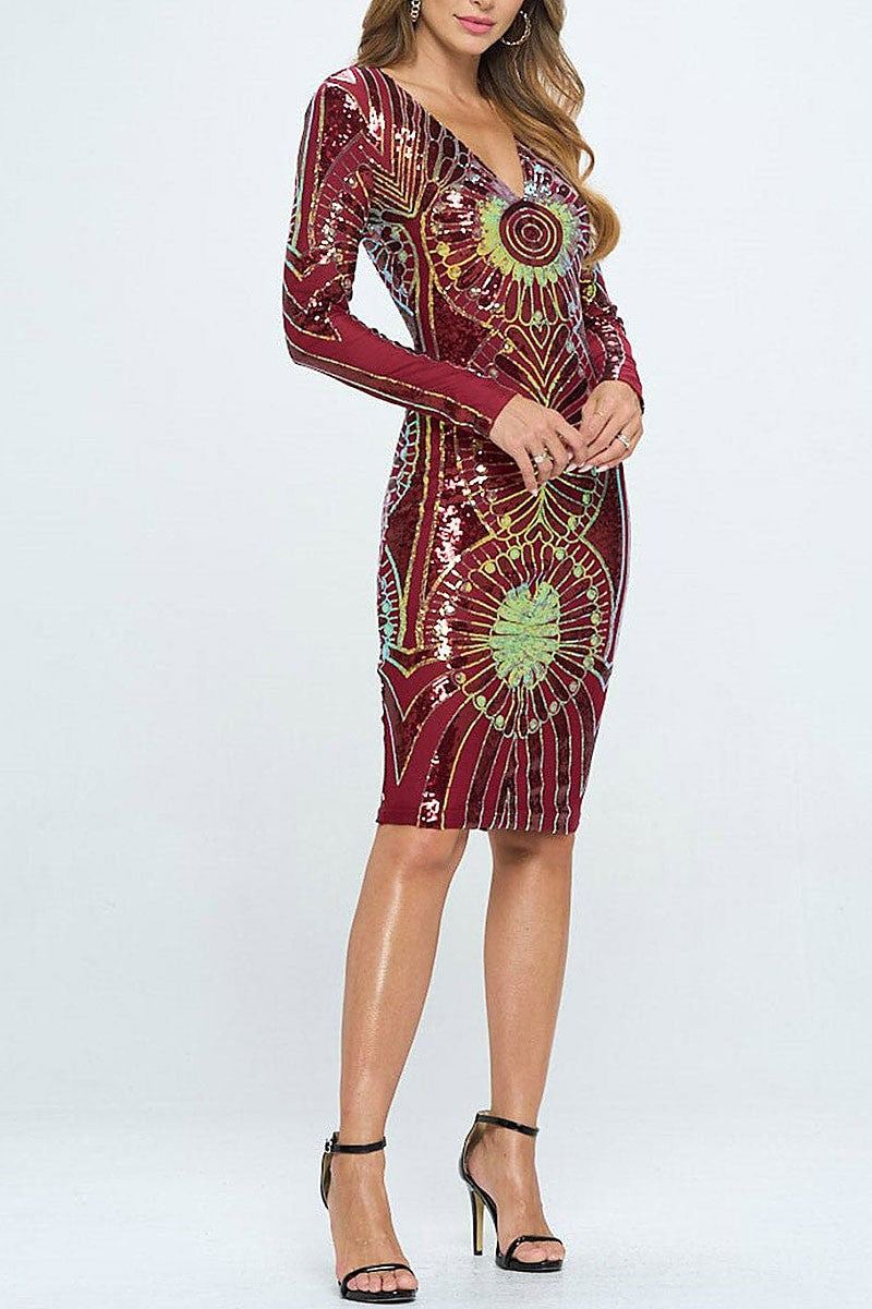 Long sleeve v-neck bodycon sequins midi dress (RVWT6750)