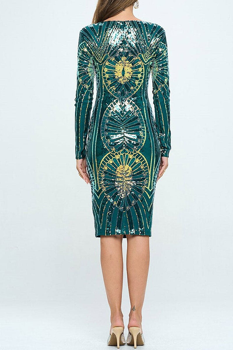 Long sleeve v-neck bodycon sequins midi dress (RVWT6750)