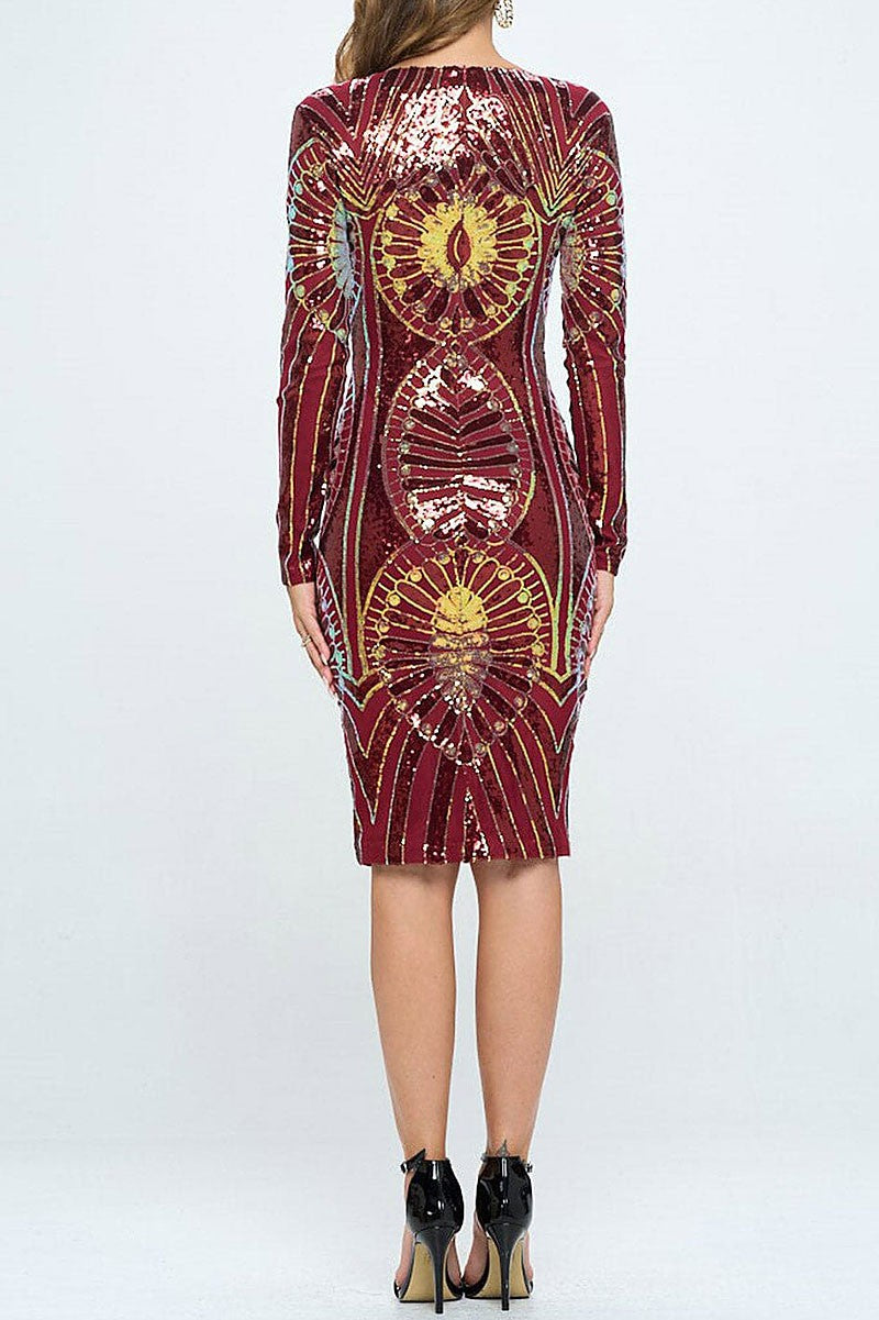 Long sleeve v-neck bodycon sequins midi dress (RVWT6750)