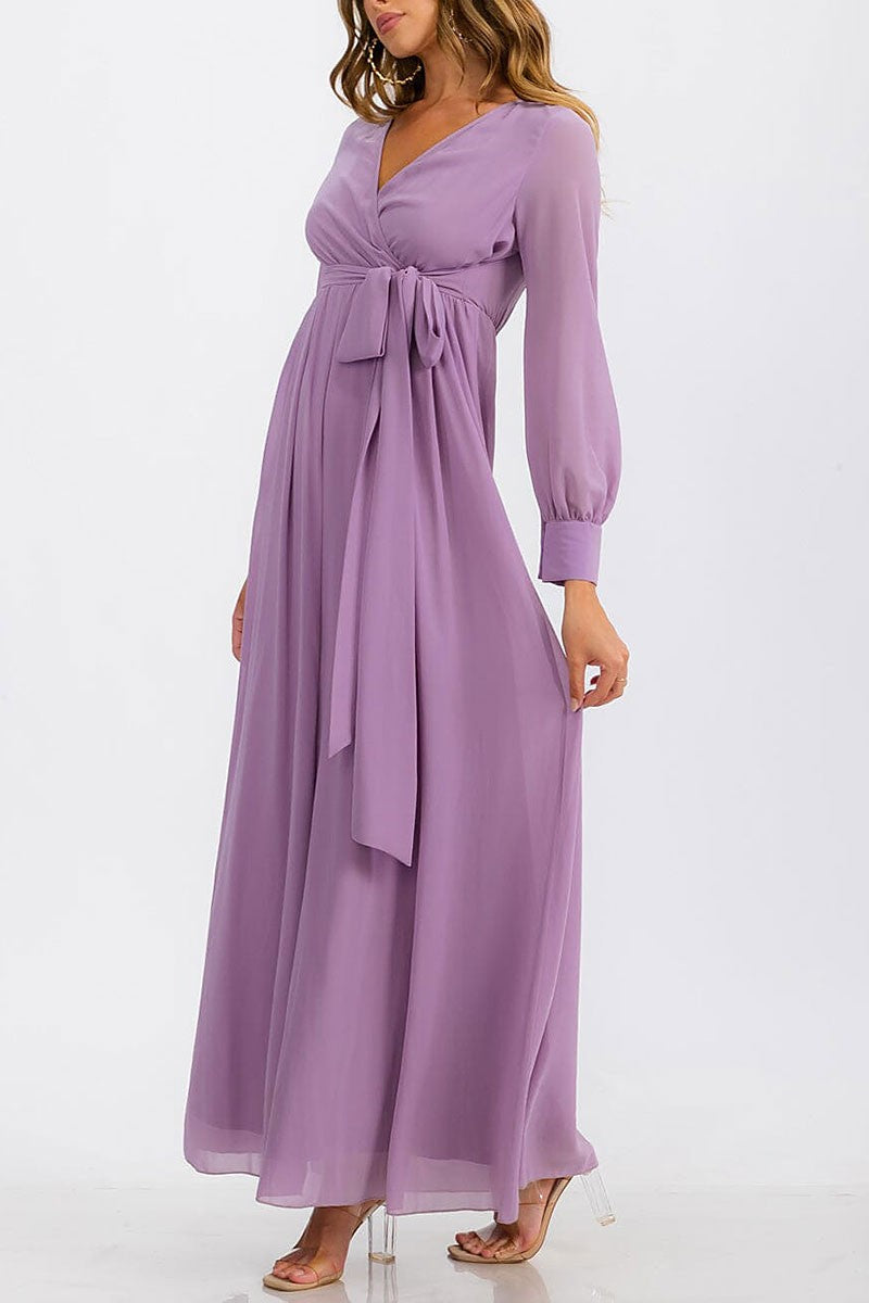 Long sleeve surplice self tie maxi dress (RVWT6752)