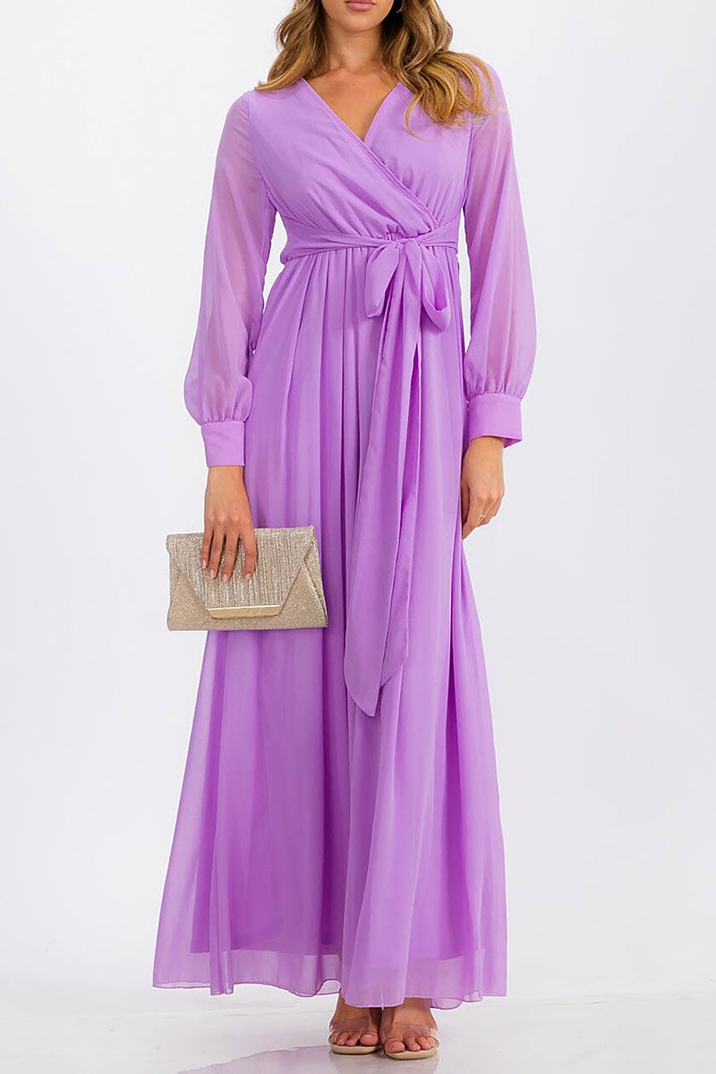 Long sleeve surplice self tie maxi dress (RVWT6752)