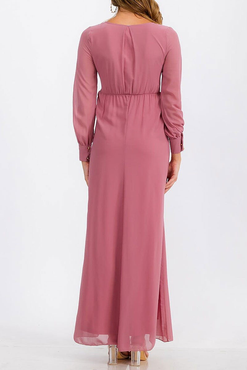 Long sleeve surplice self tie maxi dress (RVWT6752)