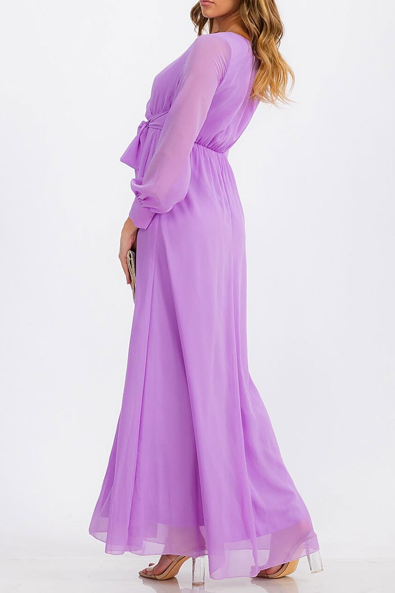 Long sleeve surplice self tie maxi dress (RVWT6752)