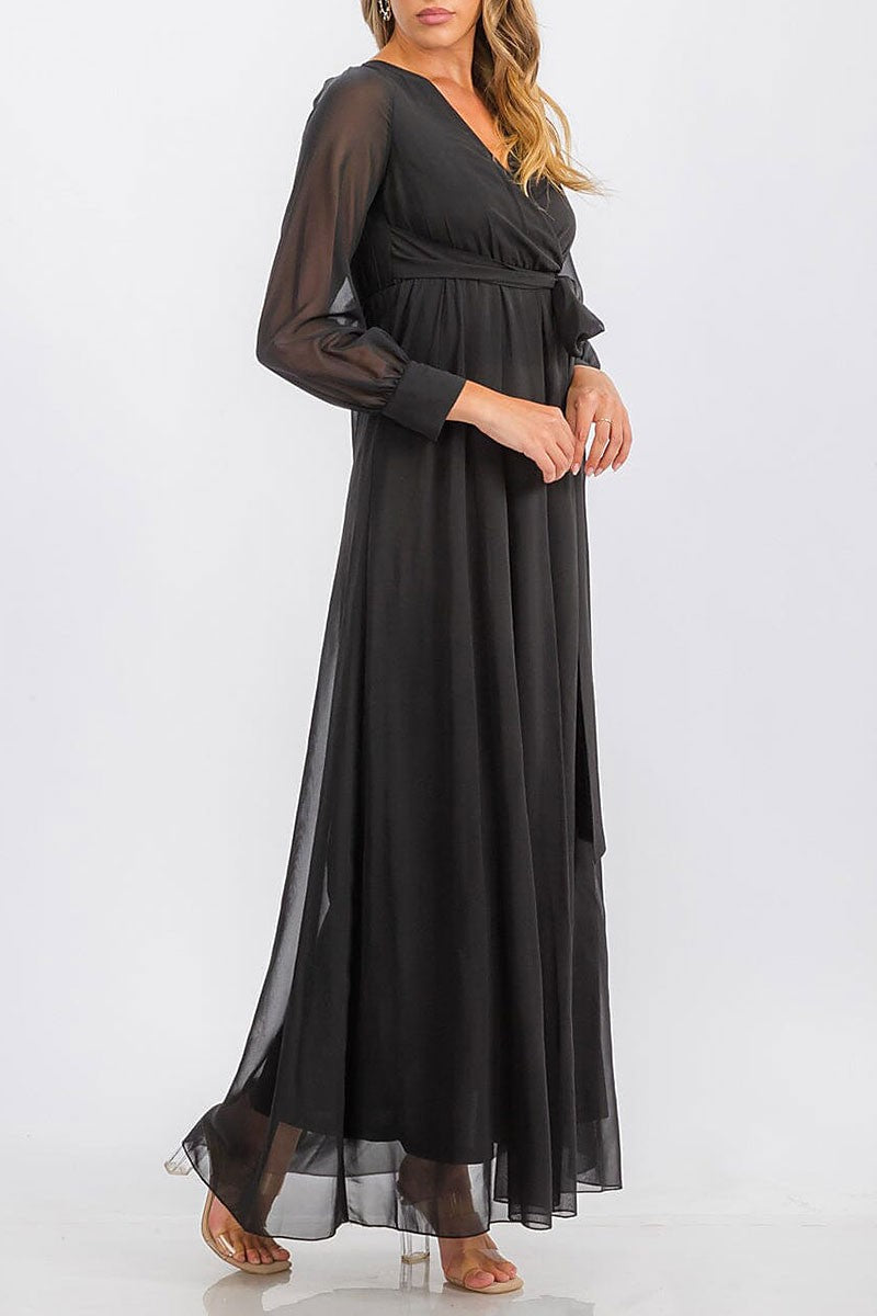 Long sleeve surplice self tie maxi dress (RVWT6752)