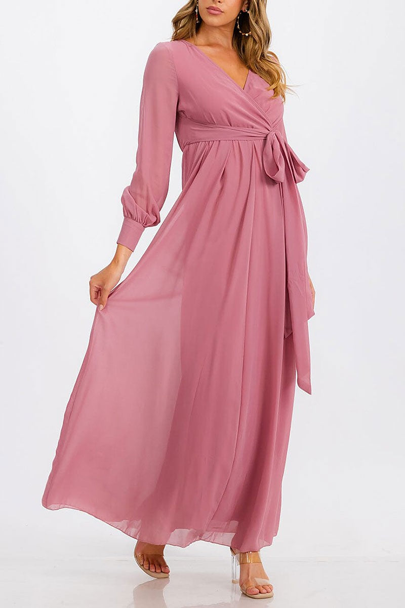 Long sleeve surplice self tie maxi dress (RVWT6752)