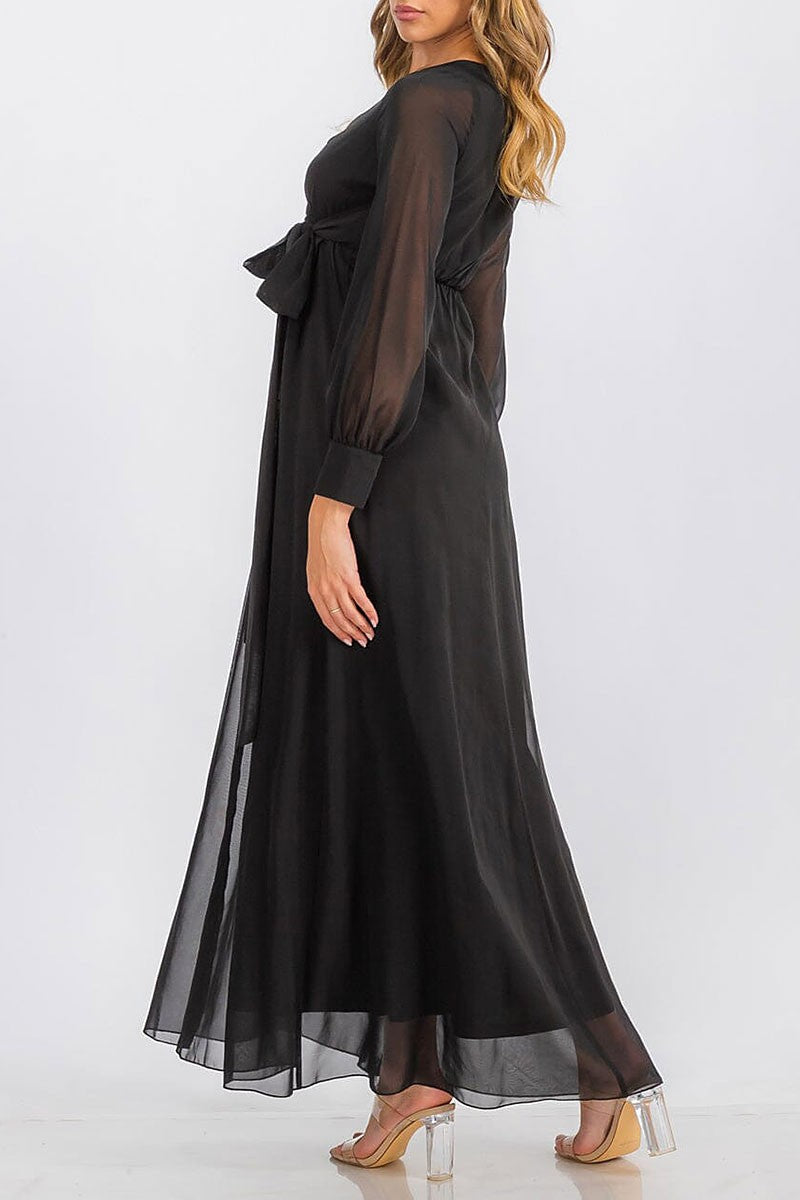 Long sleeve surplice self tie maxi dress (RVWT6752)