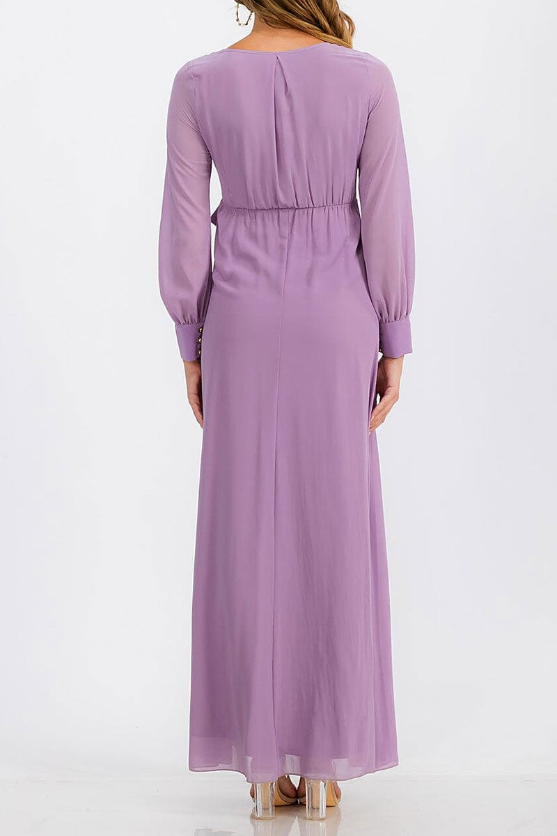 Long sleeve surplice self tie maxi dress (RVWT6752)