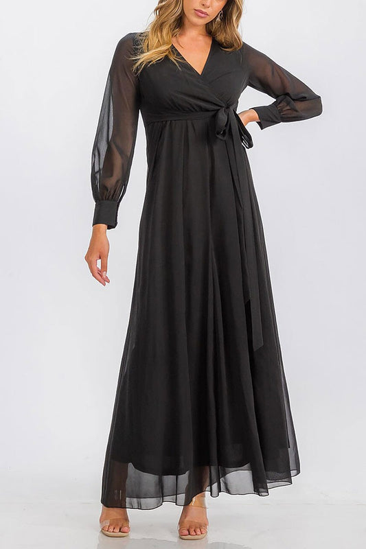 Long sleeve surplice self tie maxi dress (RVWT6752)