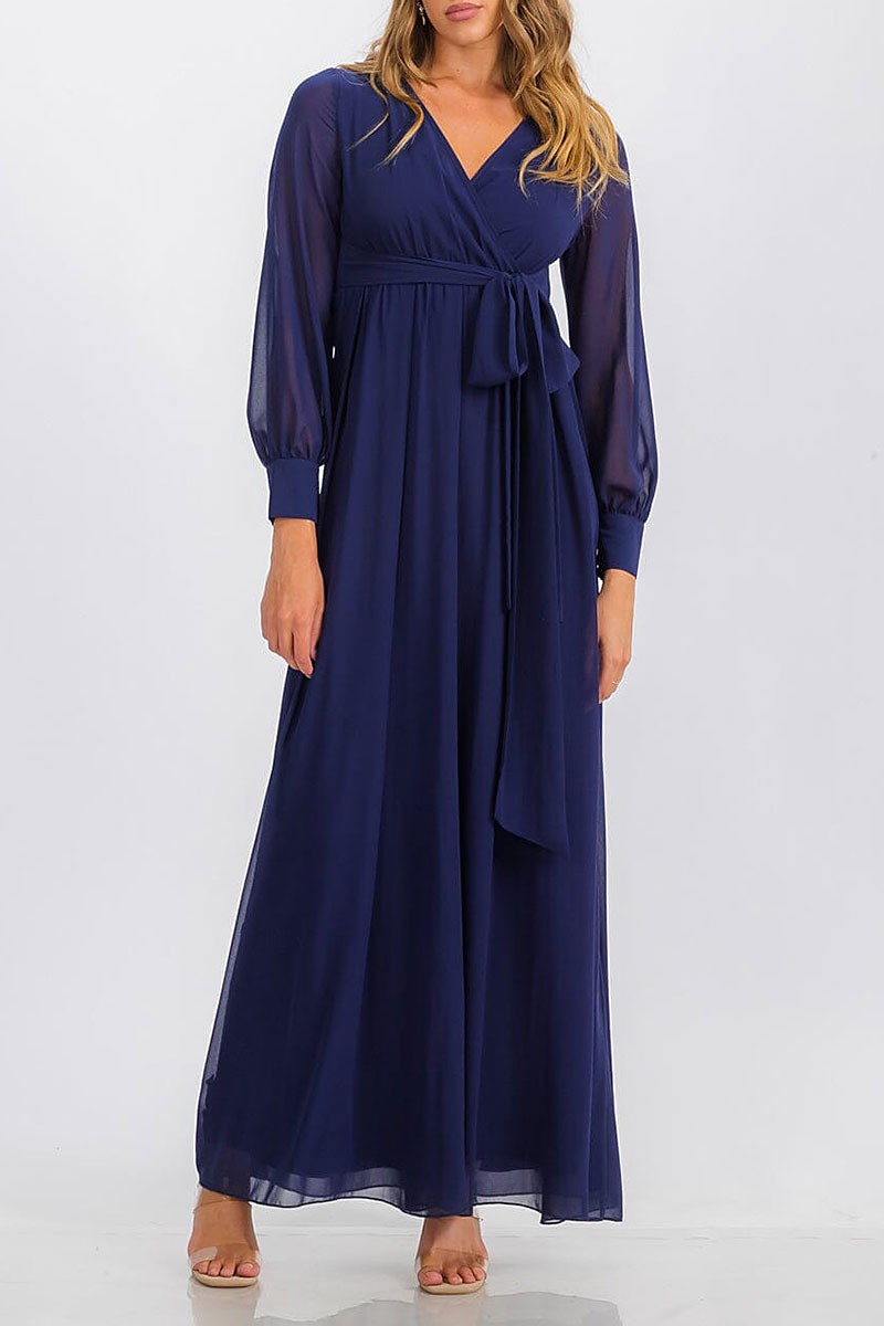 Long sleeve surplice self tie maxi dress (RVWT6752)