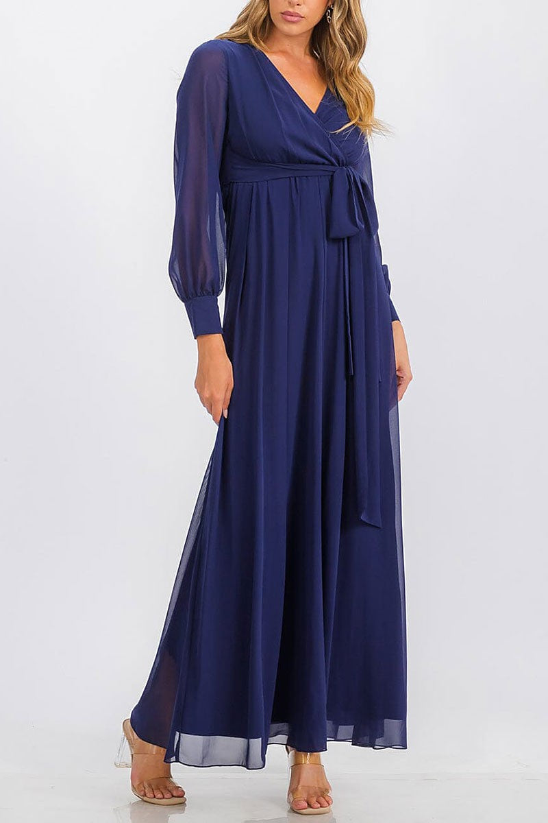 Long sleeve surplice self tie maxi dress (RVWT6752)