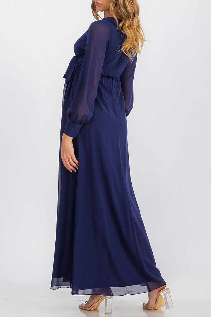 Long sleeve surplice self tie maxi dress (RVWT6752)