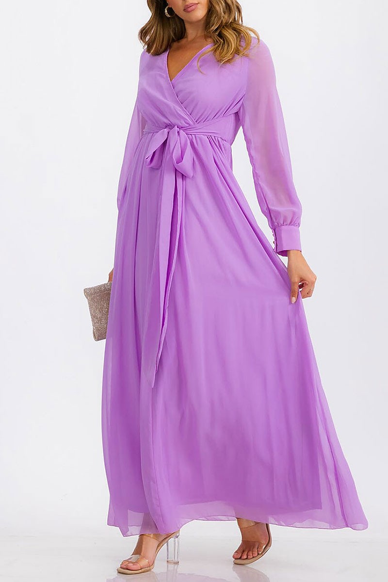 Long sleeve surplice self tie maxi dress (RVWT6752)