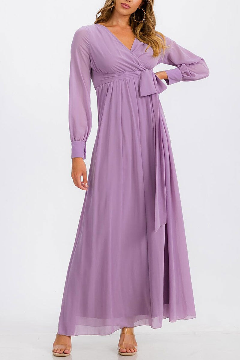 Long sleeve surplice self tie maxi dress (RVWT6752)