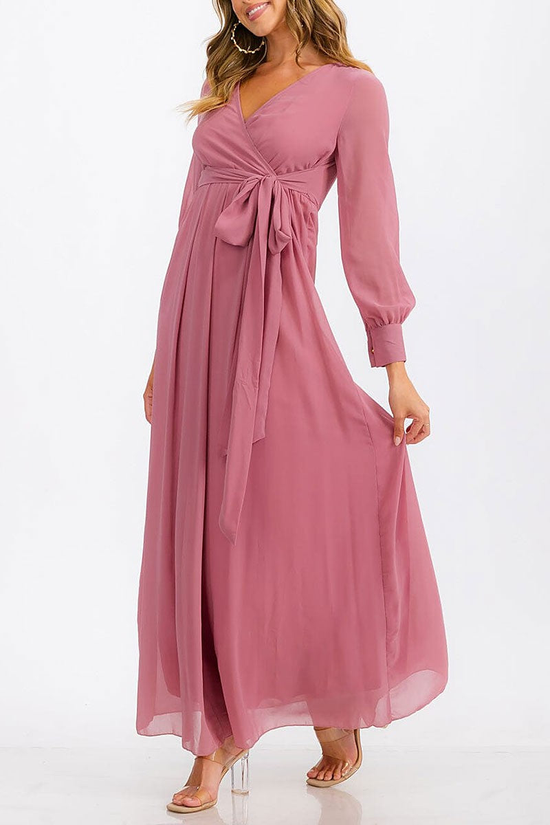 Long sleeve surplice self tie maxi dress (RVWT6752)